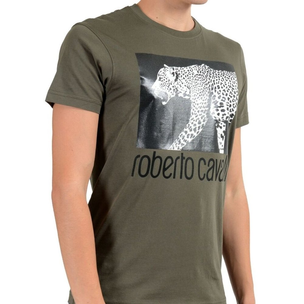 Roberto Cavalli Mens Green Graphic Leopard T-Shirt - Picture 2 of 7